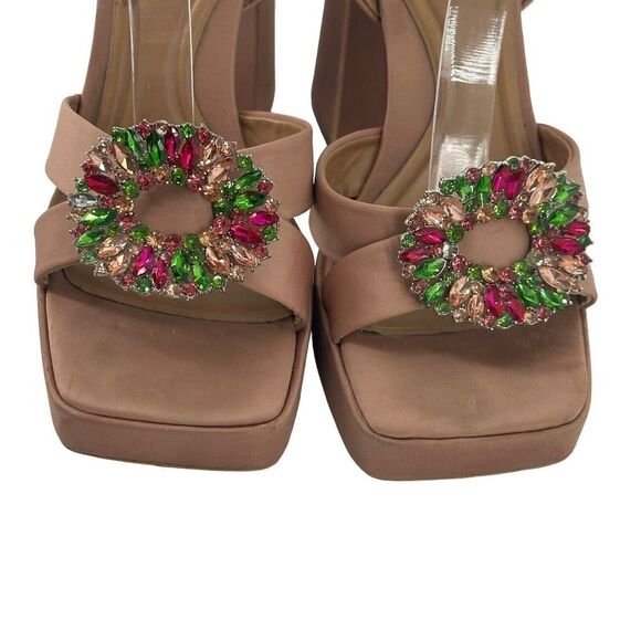 ZARA Rhinestone Embellished Platform Sandal Chunky Heel Sz 41 US 10.5 Tan Satin - Picture 2 of 12